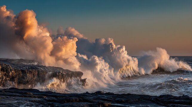meson. Lava meeting ocean, forming black volcanic rock with rising steam at sunset. inspiring travel planning, travel magazines, designed for travel destination branding, used by nutritionists.