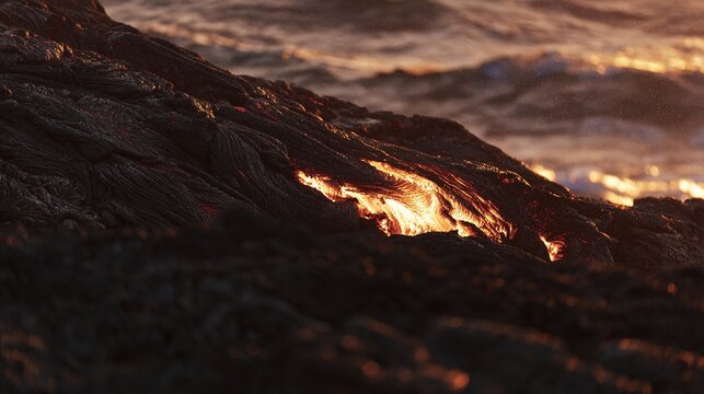 meson. Lava meeting ocean, forming black volcanic rock with rising steam at sunset. inspiring travel planning, travel magazines, designed for travel destination branding, used by nutritionists.