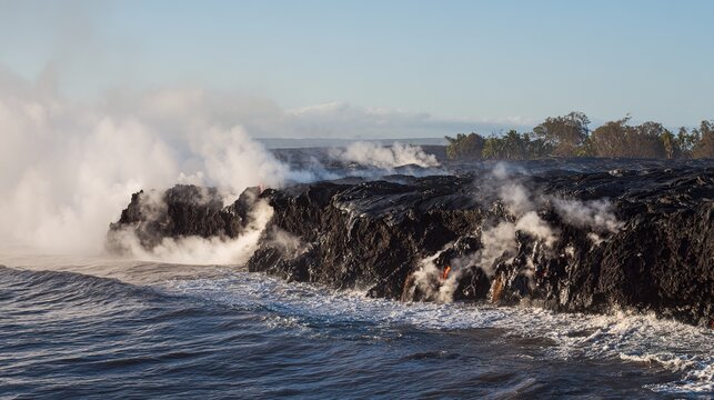 meson. Lava meeting ocean, forming black volcanic rock with rising steam at sunset. inspiring travel planning, travel magazines, designed for travel destination branding, used by nutritionists.