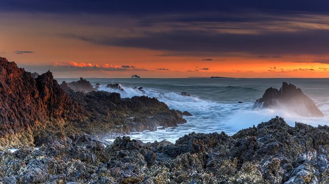 meson. Lava meeting ocean, forming black volcanic rock with rising steam at sunset. inspiring travel planning, travel magazines, designed for travel destination branding, used by nutritionists.