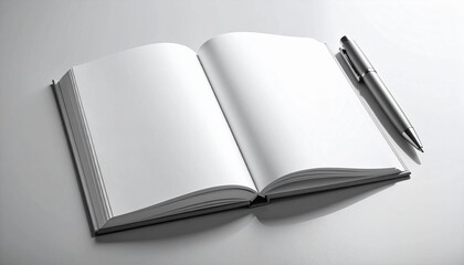 An open notebook with blank pages lies on a plain surface alongside a pen, symbolizing mental preparation for writing or journaling, viewed from directly above.