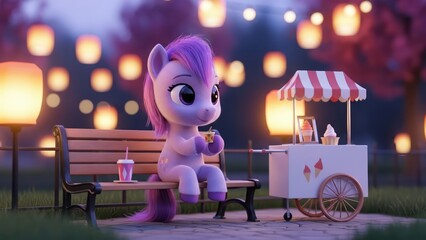 Lavender pony sitting happily on a park bench enjoying a snack near an empty ice cream cart at night