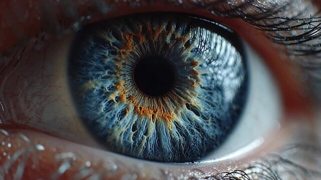 Close-up view of human eye showing intricate blue iris patterns with orange flecks and detailed eyelashes in a well-lit environment