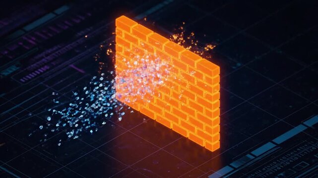 futuristic orange brick wall with glowing particles exploding in dark cyberpunk environment for technology and innovation concept