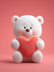 cute white teddy bear holding a large heart, against a pink background