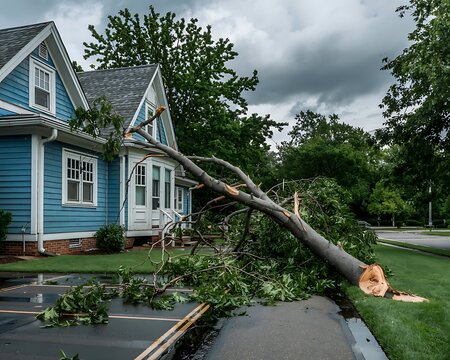 Hurricane Wind Damage House Exterior Fallen Tree Disaster Recovery Photo