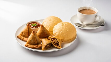Breakfast plate with samosas and tea