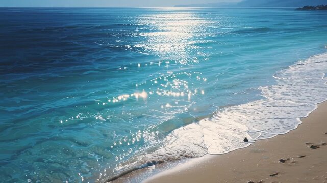 Serene beach scene with gentle waves lapping at the shore, sparkling water reflecting sunlight under a clear blue sky