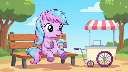 Bright lavender pony enjoying a snack on a park bench next to an empty ice cream cart on a sunny day