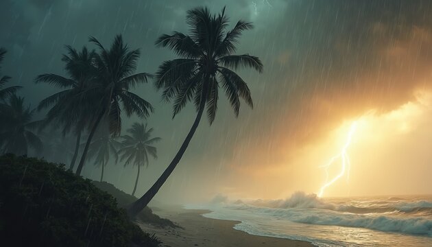 Palm trees bend in strong wind during tropical storm. Heavy rain and lightning strike the ocean waves crashing on shore. Coastal flooding and severe weather looms.