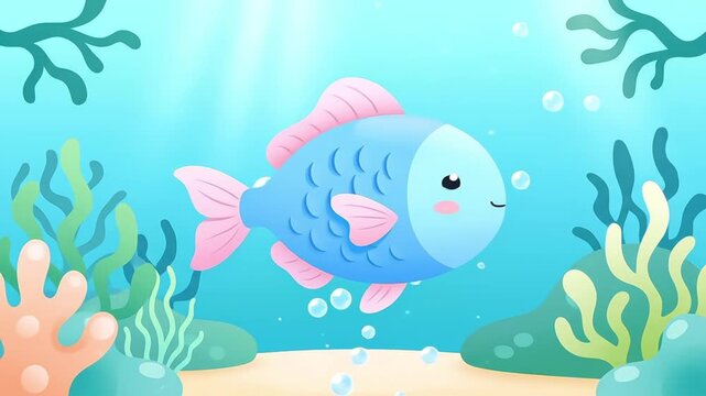 Cute Cartoon Blue Pink Fish Swimming Underwater in Nature Sea Ocean Illustration
