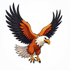 Obraz premium Cartoon eagle with white head and orange body flies with spread wings. Bird of prey has sharp talons, yellow beak. Predatory bird graphic, animal character art.
