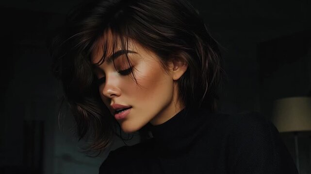 Asian woman with short hair poses in a dark room, showcasing different angles and expressions with soft lighting and a lamp in the background