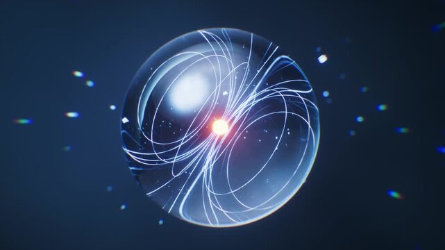 Abstract quantum physics concept showing glowing atomic nucleus with energy field lines in transparent glass sphere