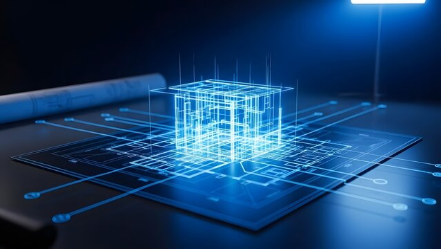 Futuristic blueprint design with glowing blue lines and 3D cube