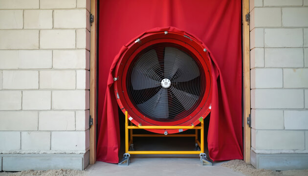 Large fan on red fabric in doorway of brick building. Equipment tests house airtightness. Energy audit checks air leaks. Safety standards inspection for building envelope. Saves money on heating