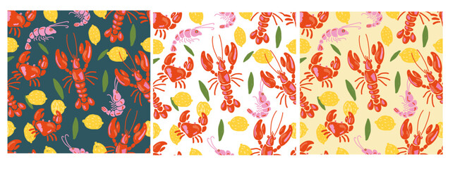 Lobster and lemon seamless pattern set in hand drawn Mediterranean style. Naive seafood designs with shrimp, crayfish, citrus fruits and leaves. Perfect for summer kitchen decor and wrapping paper. © Diana