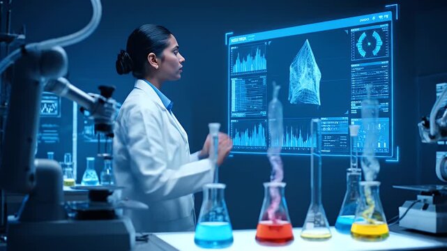 Woman Lab Coat Analyzing Data on Screen with Beakers and Robotic Arm in Blue Hued Laboratory Environment for Scientific