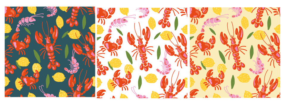 Lobster and lemon seamless pattern set in hand drawn Mediterranean style. Naive seafood designs with shrimp, crayfish, citrus fruits and leaves. Perfect for summer kitchen decor and wrapping paper.