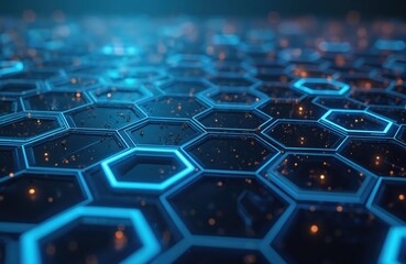Obraz premium Abstract digital background with blue glowing hexagons and small orange particles. Futuristic tech pattern on dark surface. Clean geometric design concept.