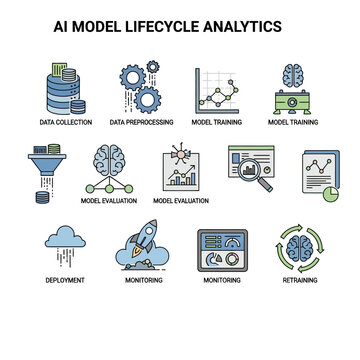 AI model lifecycle analytics icons set.