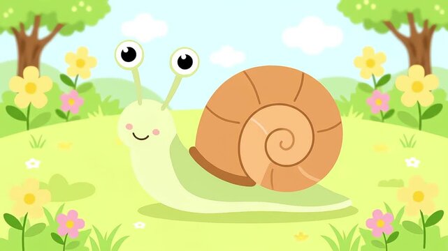 Cute Cartoon Snail Animal Nature Garden Flower Grass Illustration Art
