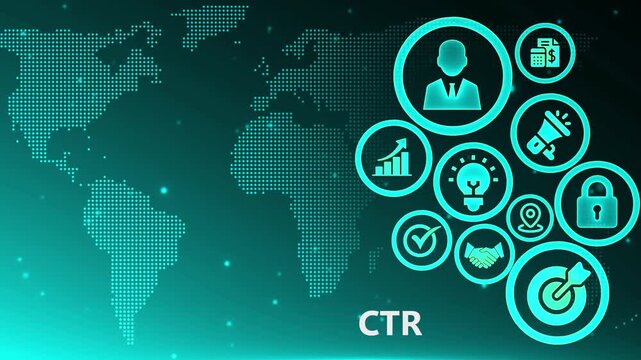 Digital business growth strategy with global click-through rate CTR icons and futuristic world map background