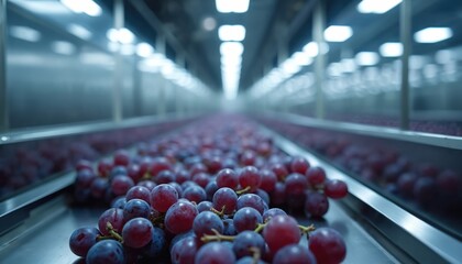 Obraz premium Red grapes move along a clean modern food processing line. Fruit is sorted and prepared for packaging at an automated facility. Quality control ensures fresh produce.