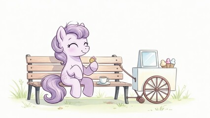 Gentle lavender pony sitting on a park bench holding a coin, smiling during a break on a calm spring day