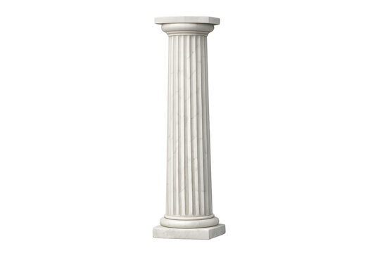 White marble fluted classical column or pillar with square pedestal base on transparent background