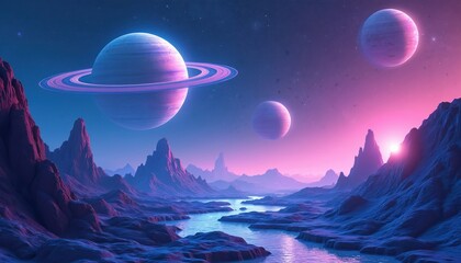 Fototapeta premium Alien planet landscape with ringed planet in sky. Other planets glow above purple mountains and flowing river. Stars twinkle in cosmic panorama.