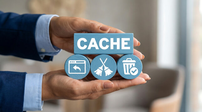 Cleaning browser from trash files. Deleting documents with cleansing software. Cache and spam concept for website design or landing web page