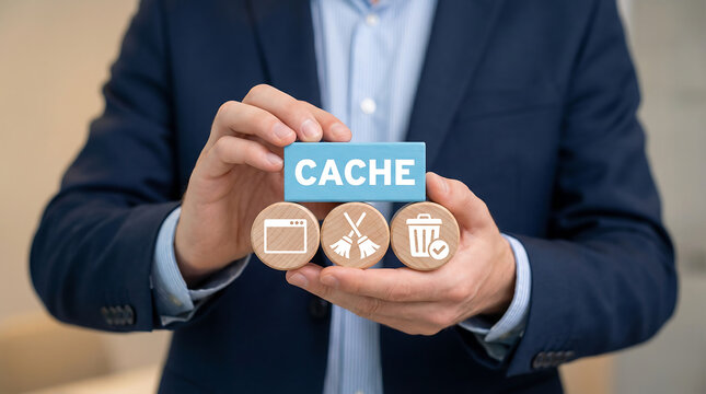 Cleaning browser from trash files. Deleting documents with cleansing software. Cache and spam concept for website design or landing web page.new