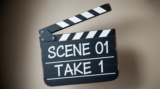 Classic Film Clapperboard &ldquo;Scene 01 Take 1&rdquo; on Neutral Background Photo