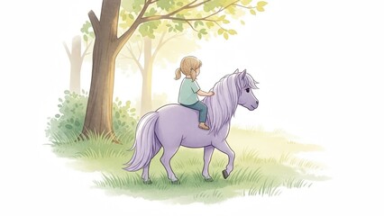 Tender watercolor illustration of a lavender pony walking calmly in a park with a little girl sitting on its back
