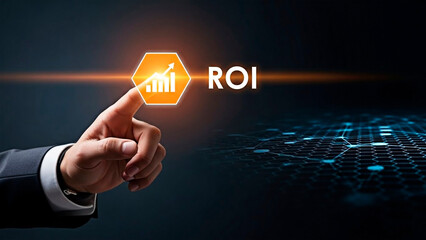 A businessman touching a glowing ROI icon for the concept of financial growth and investment return.