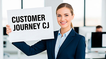 A smiling businesswoman holding a customer journey sign in a modern office