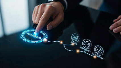 A businessman providing feedback on a digital interface for business improvement