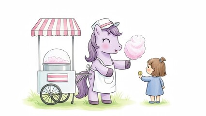 Gentle lavender pony selling cotton candy in a small park, smiling warmly at a little girl