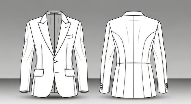 Fashion illustration of a white blazer with lapels and pockets displayed from front and back views on a gray background