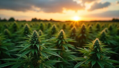Obraz premium Rows of cannabis plants grow in a field under a warm sunset sky. The plants are mature, showing buds and leaves, ready for harvest. This rural scene shows the agricultural side of cannabis farming.