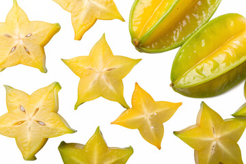 Naklejka premium Fresh Starfruit Slices Isolated on Clean Background for Tropical Fruit Design.