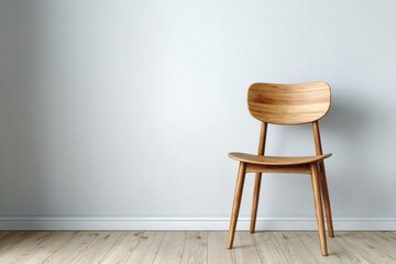 Wooden chair sits against a light gray wall in an empty room.