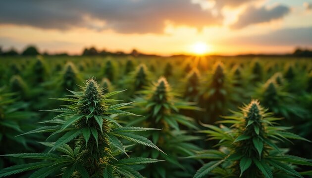 Rows of cannabis plants grow in a field under a warm sunset sky. The plants are mature, showing buds and leaves, ready for harvest. This rural scene shows the agricultural side of cannabis farming.
