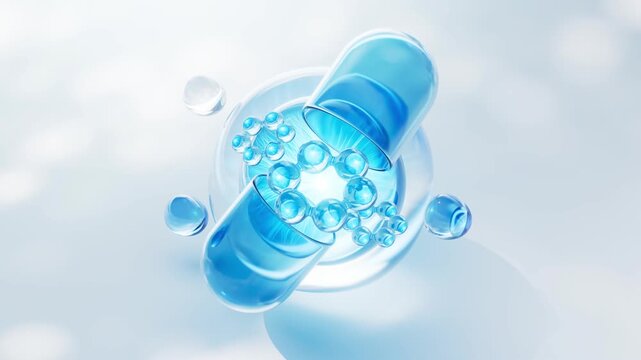 Opening capsule revealing active ingredients, showing the release of molecules for health, wellness, and medical concepts, dynamic motion video