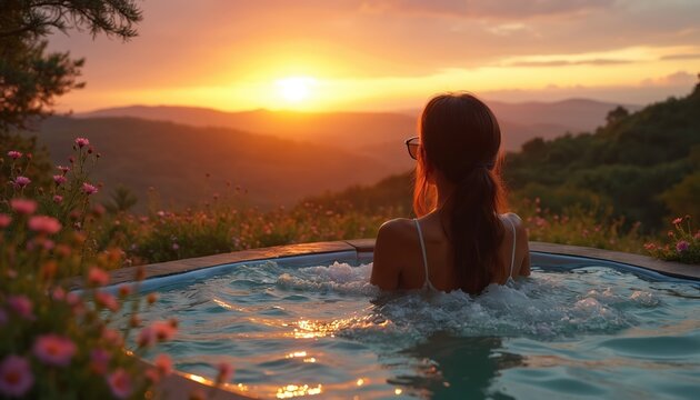 Woman relaxes in bubbling hot tub looking at sunset over hills. Surrounded by pink flowers and lush green plants, she enjoys calm and peaceful evening solitude.