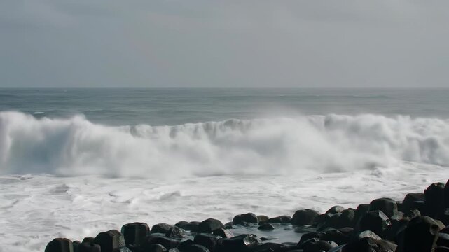 Immense ocean waves crash violently against a rugged coastline under a stormy, leaden sky, with dark, slick basaltic rocks in the foreground. Raw power of nature concept