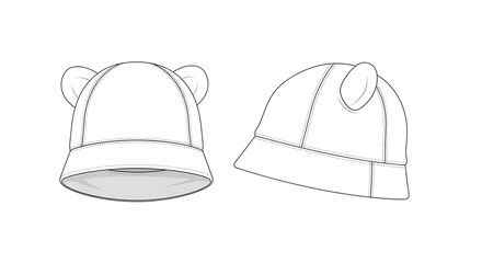 Fototapeta premium Simple line drawings of two beanies with distinct designs on a plain background from a straightforward front and angled perspective