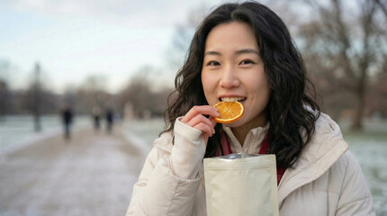 Young Asian woman eating a dried orange slice in a snowy park during winter