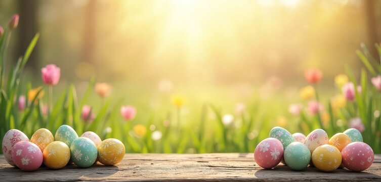 Painted Easter eggs rest on a wooden table. Colorful spring meadow with blooming tulips and soft sunlight creates a festive atmosphere. Celebrate holiday with painted eggs outdoors.